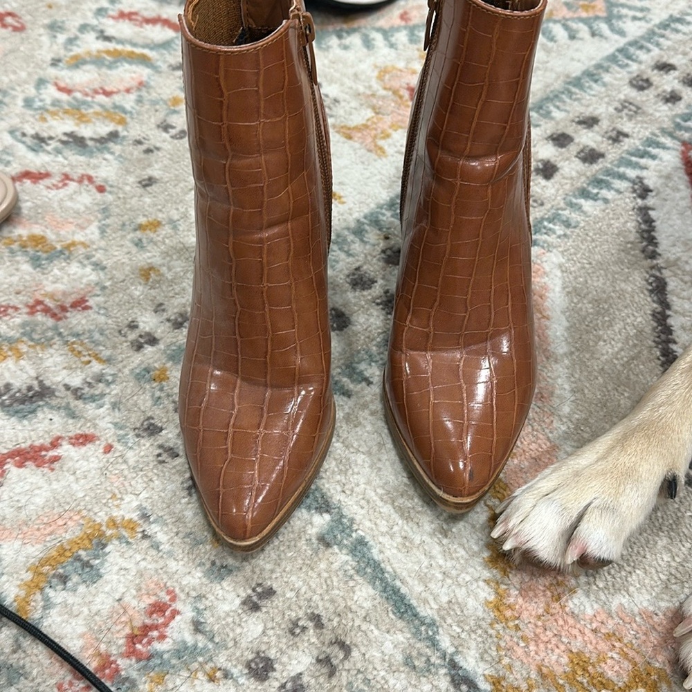 Brown Croc-Embossed Ankle Boots